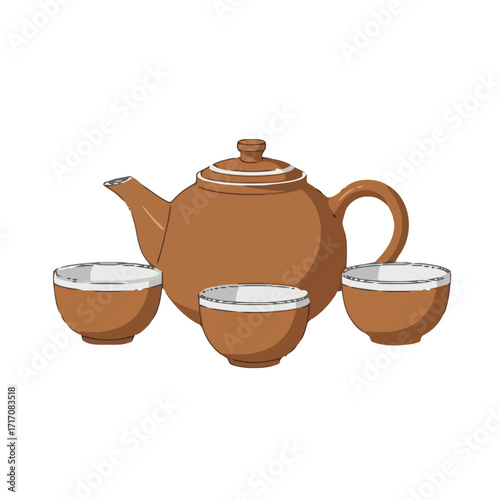 Brown teapot with three matching cups arranged around it, presented on clean transparent, perfect for culinary or decorative themes