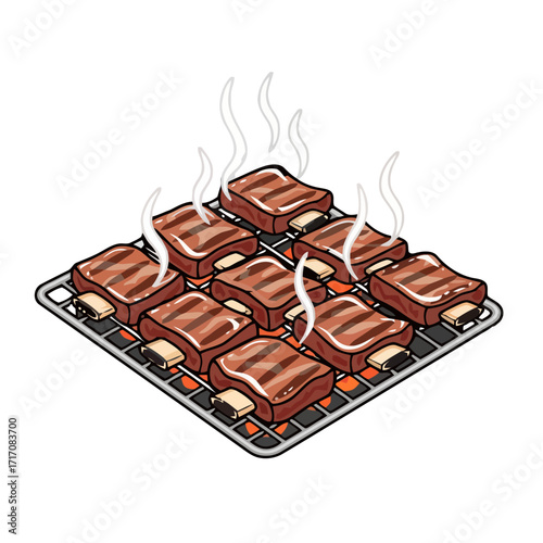 Delicious grilled korean bbq short ribs sizzling on black metal grill rack with steam rising
