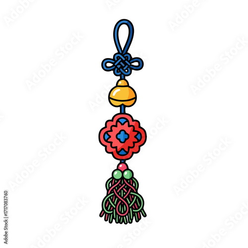 Colorful cartoon traditional korean knot ornament, known as maedeup, with bell and tassel