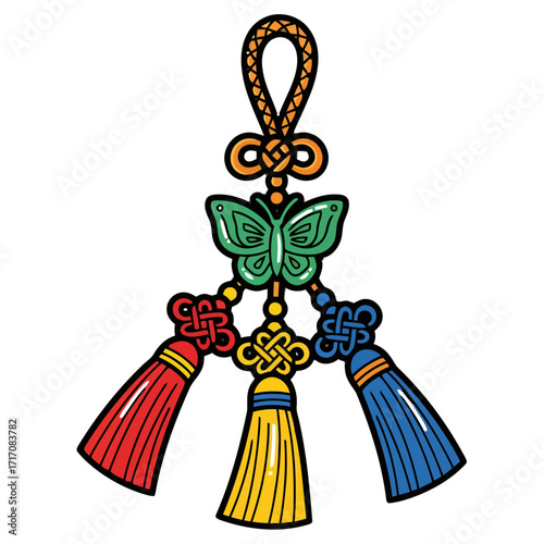 Traditional korean maedeup knot ornament with butterfly and three colorful tassels