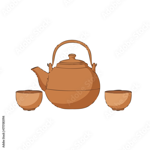 Traditional japanese teapot with two small teacups, presented in clean, minimalist style, , perfect for culinary and cultural themes
