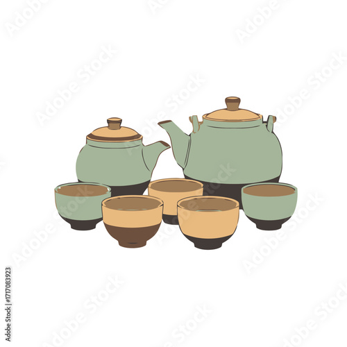 Two traditional japanese teapots and four tea cups arranged on transparent, perfect for illustrating tea ceremonies, cultural events, or culinary themes