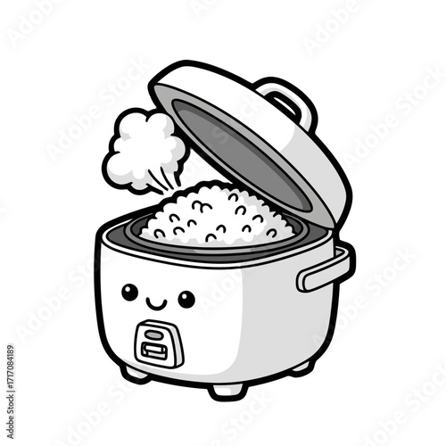 Cute, cartoonstyle rice cooker with smiling face, open lid, and steam rising from the cooked rice inside, isolated on transparent