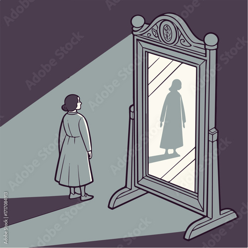 Person Staring into a Mirror with Distorted Reflection