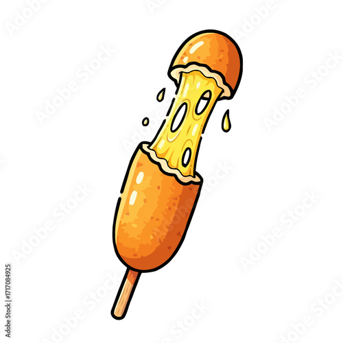 Delicious korean corn dog with gooey cheese filling stretching out from the bite, isolated on transparent, perfect for food blogs, menus, and culinary