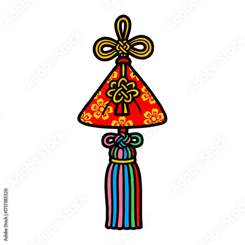 Traditional chinese knot ornament with red triangular charm, floral pattern, and colorful tassel, , symbolizing good luck and prosperity