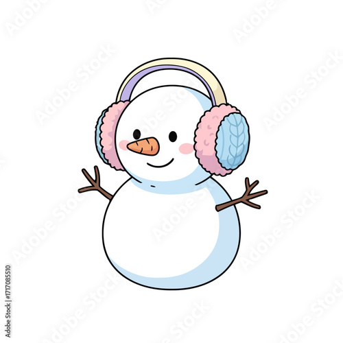 Cute cartoon snowman wearing fluffy earmuffs and carrot nose, with twig arms, smiling cheerfully