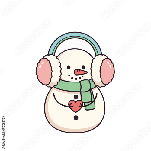Cute cartoon snowman wearing earmuffs and scarf with heart