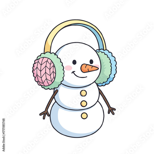 Smiling cartoon snowman with earmuffs and twig arms