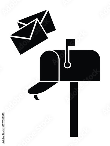 Black silhouette of a mailbox with envelopes flying out