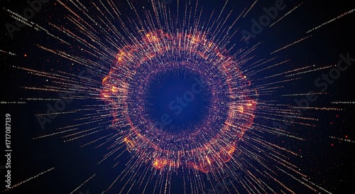 Abstract visualization of a fiery ring of exploding particles radiating outwards from a central dark void.