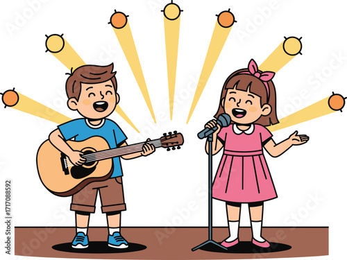 Children performing on stage, acoustic guitar player, young singer with microphone, school talent show, spotlight performance, kids music concert, artistic expression, live event