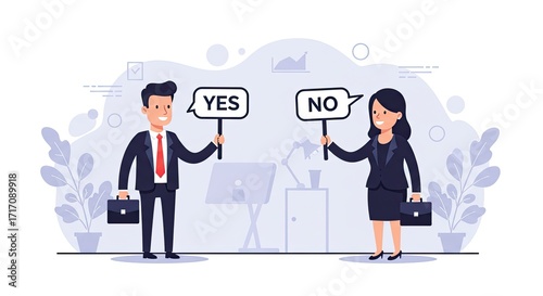 A man and a woman in business attire stand opposite each other, holding signs that say 