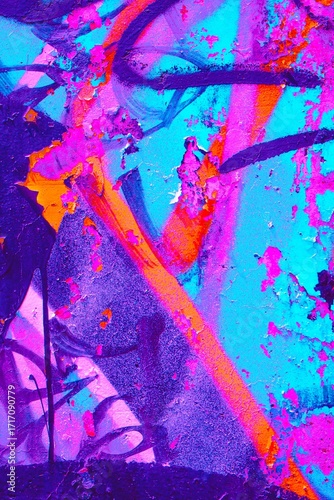 Vibrant neon abstract texture in shades of blue, purple, orange with a retro 80s, Y2K flair, showcasing holographic glow and dynamic splatter style. Ideal for digital art, posters, creative banners.