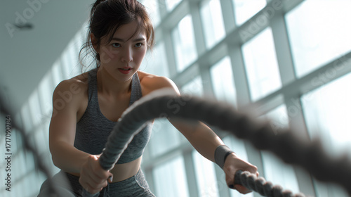 バトルロープでトレーニングする女性