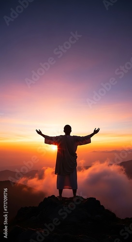 Man on Mountaintop at Sunrise, Spiritual Reflection.
