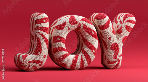 Festive 3D Text 'JOY' with Peppermint Candy Cane Design on Red Background, Christmas Holiday Season Concept, Celebration, Happiness, Sweet Treats, Decorative Typography, Merry Christmas