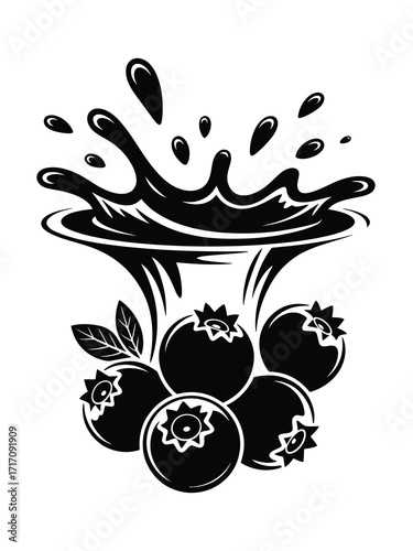 Black and white illustration of blueberries splashing into liquid