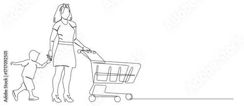 Continuous line drawing of a mother pushing a shopping cart while holding hands with a boy. Minimalist design Vector illustration