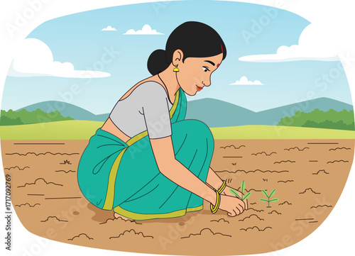 Indian Woman Farmer Planting Seeds – Rural Agriculture, Traditional Farming, and Village Life Illustration