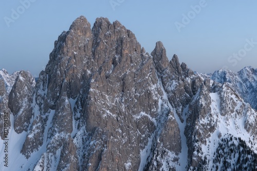 Snowy mountain peak, rocky and jagged, under a clear sky