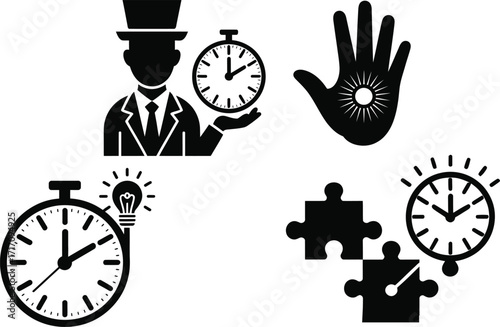 Iconic symbols for time management, problem solving, and professional service concepts