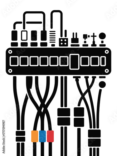 Complex network of cables and connectors on a black device