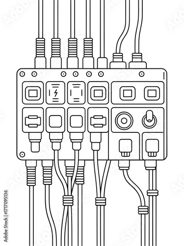 Electrical power distribution box with multiple outlets and cables