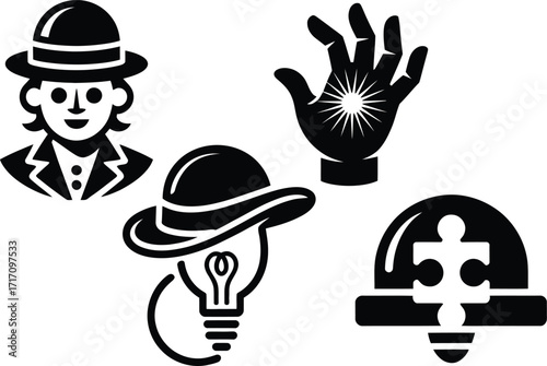 Iconic detective, inspiration, and connection symbols in bold design elements