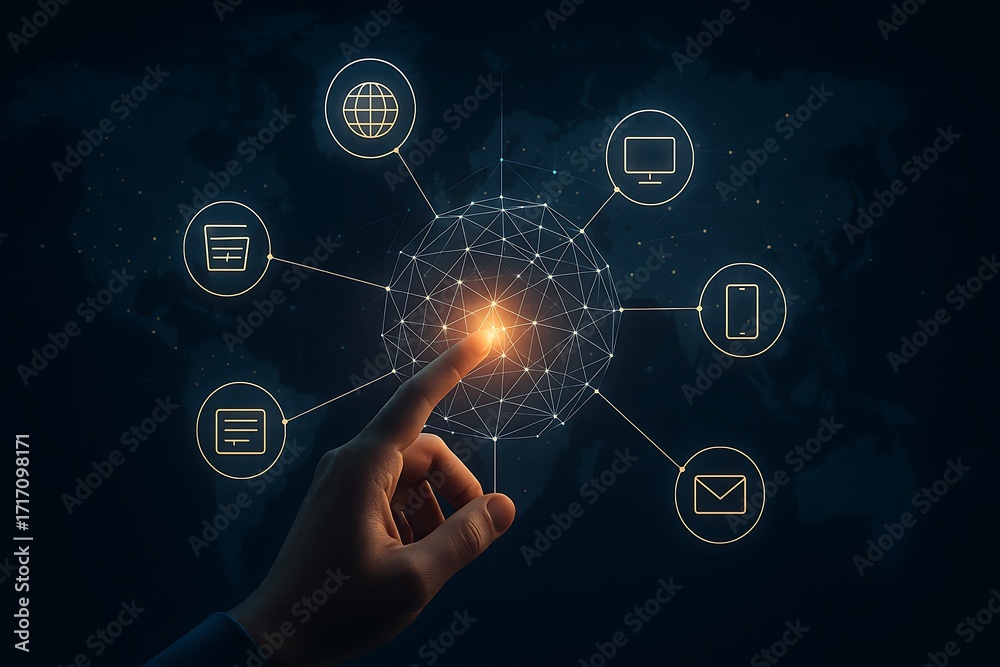 Obraz premium Futuristic holographic globe with glowing connectivity icons representing global communication digital technology internet and worldwide networking concept