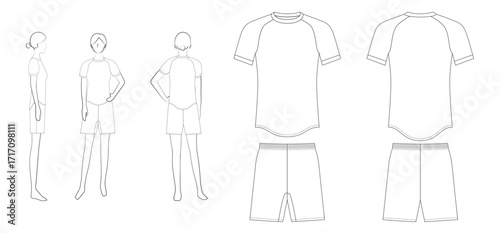 アパレルデザイン用テンプレートのベクター画像：女性のサッカーユニフォーム（ラグランスリーブTシャツ） / Vector image of apparel design template: Women's soccer uniform (raglan sleeve T-shirt)