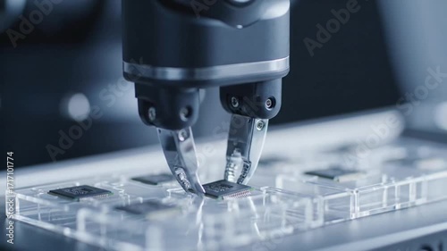 A precision robotic arm with a gripper carefully handles a microchip for assembly in a high-tech factory.