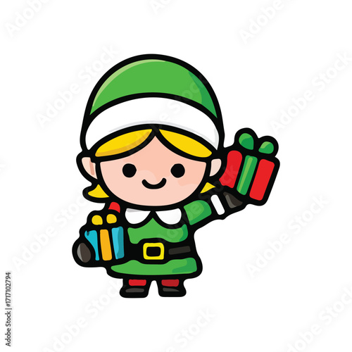 Christmas Elf Holding Colorful Gift Boxes – Cute Holiday Cartoon Vecto