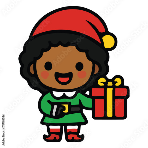 Little Girl in Santa Hat Holding Gift Box – Cute Holiday Cartoon Vector