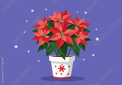 Festive red poinsettia plant in a decorative white pot with red snowflake pattern flat vector illustration.