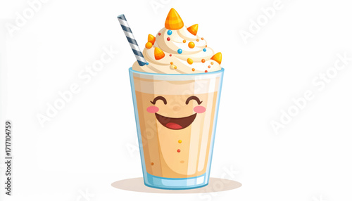 Delightful Dessert A Whimsical Creamy Milkshake with Smiling Face and Colorful Sprinkles