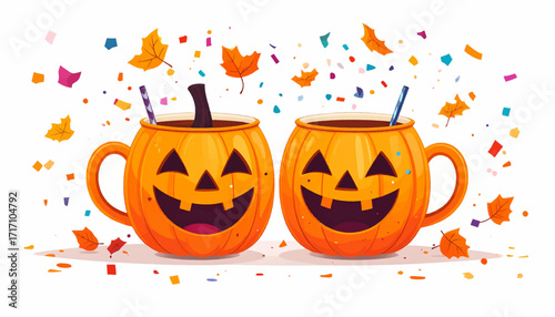 Two cheerful pumpkin-shaped mugs, brimming with delightful Halloween drinks, surrounded by a festive shower of autumn leaves and colorful confetti, perfect for a cozy spooky season celebration