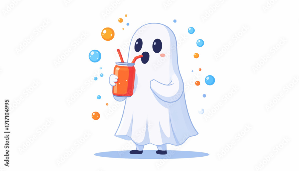 Obraz premium A Cute Cartoon Ghost Enjoying a Refreshing Drink with Bubbles