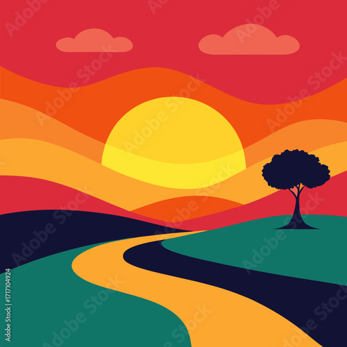 Winding path and lone tree with colorful sky vector landscape background.