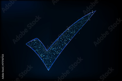 A high-tech, glowing blue check mark composed of interconnected polygonal lines and dots, rendered in a 3D low-poly style.