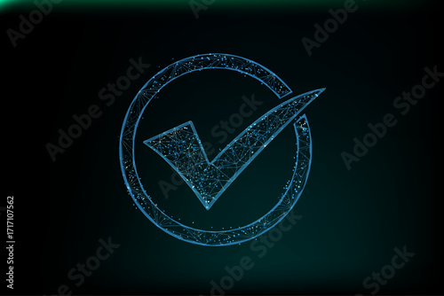 A high-tech, glowing blue check mark composed of interconnected polygonal lines and dots, rendered in a 3D low-poly style.