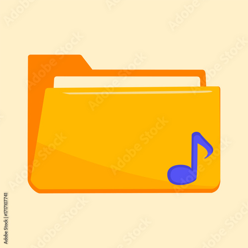 Yellow folder with blue notes on it. The folder is titled "Music". Vector Illustartion