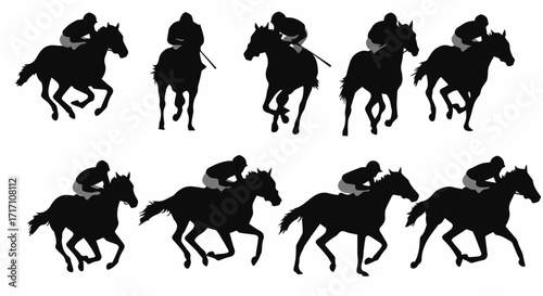 jockeys riding racehorses in full gallop, embodying the speed, competition, and powerful grace of equestrian sports and professional horse racing