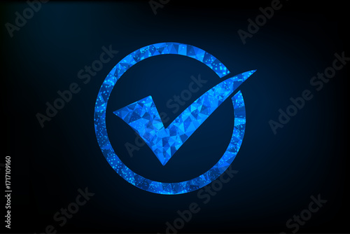 A high-tech, glowing blue check mark composed of interconnected polygonal lines and dots, rendered in a 3D low-poly style.