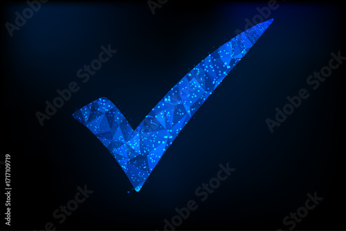 A high-tech, glowing blue check mark composed of interconnected polygonal lines and dots, rendered in a 3D low-poly style.