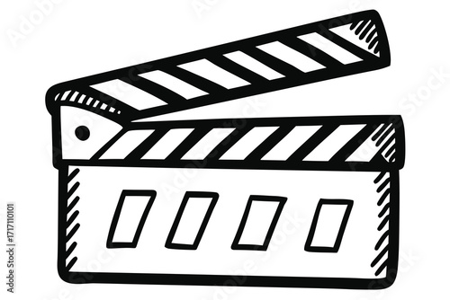 Hand Drawn Open Movie Clapperboard Illustration in Black and White, Film Making Icon