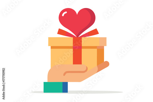 Hand Holding Gift Box with Red Heart, Orange Ribbon on White Background