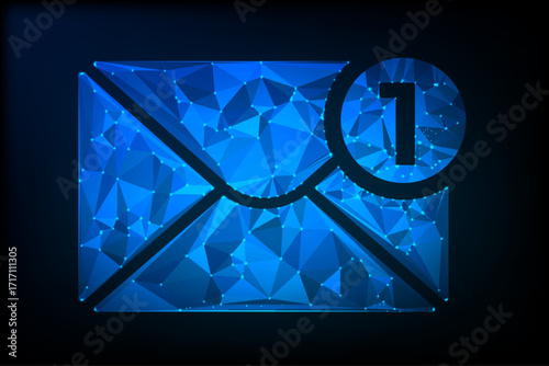 A futuristic low-poly email icon designed with glowing blue digital lines and dots, forming the shape of an envelope with an  symbol.