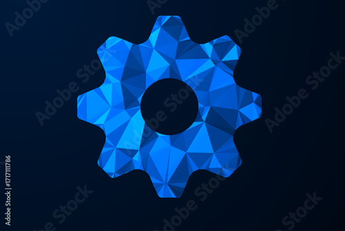 Futuristic low poly glowing blue gear icon with polygonal mesh design, modern technology settings symbol on dark background