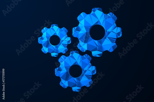 Futuristic low poly glowing blue gear icon with polygonal mesh design, modern technology settings symbol on dark background